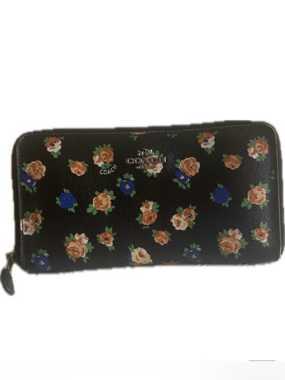 Coach Tea Rose Floral Zip Wallet Black Coral Pink Floral Accordion Canvas